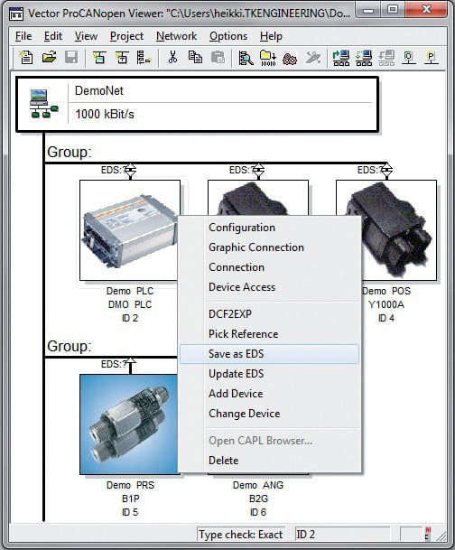 Figure 2: Example system tool with "Save as EDS" command highlighted